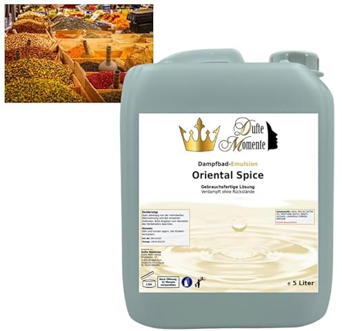 Dufte Momente | Dampfbad Emulsion 5 Liter Oriental Spice (Basilikum, Koriander, ...) | geprüfte Qualität | mit naturreinen und natürlichen ätherischen Ölen | gebrauchsfertig | vegan, ohne Tierversuche
