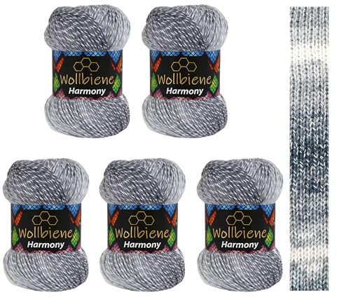 5 x 100g Wollbiene Harmony Batik 500 Gramm mit Farbverlauf 30% Baumwolle mehrfarbig Multicolor Strickwolle Häkelwolle Wolle Ganzjahreswolle (8090 dunkelgrau grau weiß)