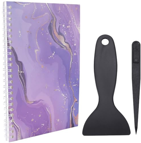 CRASPIRE 32 Pages Sticker Collecting Album Book A5 Spiral Bound Notebook Medium Purple Reusable Sticker Storage Book Notepads Labels with Plastic Spatula and Anti-Static Beading Tweezer for Collection