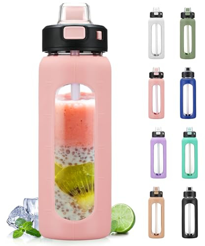 BLUEGO 700ml Glass Water Bottle with Handle and Straw Drinking Hydration Bottle with Silicone Sleeve and Time Marking Motivational Water Bottle for Gym Sports Outdoor Leak-proof,Pink