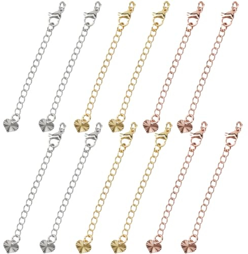 CREATCABIN 12 Stück Kabelkettenverlängerung,Messing-Kettenverlängerung Für Halsketten,Verstellbare Endkettenglieder Karabinerverschlüssen,Herzkettenlaschen Für Armbänder,6.5cm,Roségold/Silber