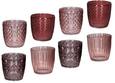 8er Set Windlicht H7,5cm Glas Rosa Teelichthalter Kerzen Retro Kerze Kerzenhalter Tischdeko Deko