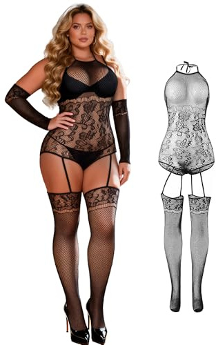 ohmydear Plus Size Bodystockings for Women Lingerie Set Halter Neck Body Stockings Full Body Sexy Outfits Fishnet Bodysuit Stretchy Suspender Tights, 3XL-5XL