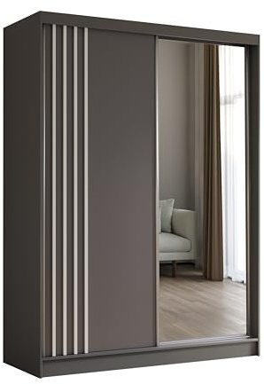 Margaret Hadas24 Kleiderschrank mit Lamellen und Spiegel, Organizer, Mehrzweckschrank, Schwebetürenschrank, Garderobenschrank, Kleiderstange, Kleiderständer, Flurschrank, 160 cm, grau, weiß