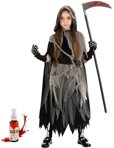 Huahuanghui Costume d'Halloween Faucheuse pour filles, costume effrayant pour enfants avec faucille et faux sang, costume Reaper pour carnavals et cosplay (taille L).