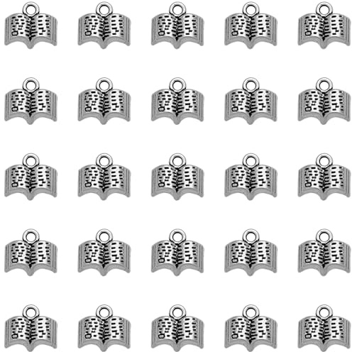 JKJF 50 ciondoli a forma di libro, vintage, a libro, in metallo, per fai da te, collana e bracciale, argento anticato