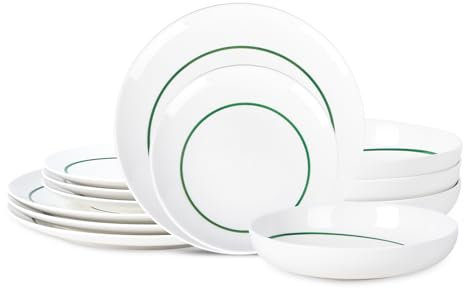 Stone Lain Luna 12-Piece Porcelain Dinnerware Set, Plates and Bowls Set, Dish Set for 4, Green