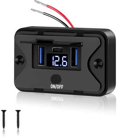 Ktilura USB Car Charger Socket,12V 3 Port Fast Charging Outlet with LED Digital Voltmeter and ON/Off Button,Dual 18W QC3.0 & 30W PD Quick Charge Socket for 12V/24V Motorcycles,Boats,RVs,Trucks