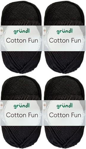 4x50 Gramm Gründl Cotton Fun Häkelgarn aus 100% Baumwolle inkl. Anleitung für Einkaufsnetz (16 Schwarz)