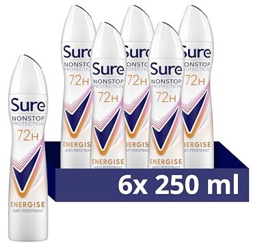 Sure Women Nonstop Protection Energise Deodorant Body Spray Antiperspirant with a mandarin and mango scent & body heat activated technology for 72 hour odour and sweat protection 250 ml, Pack of 6