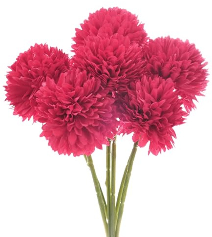 M METERXITY 6-Pack Flores de Bola de Crisantemo Artificial, 11 Ramo de Hortensias de Seda Falsa Tacto Real Flores Falsas para Hogar/Boda/Navidad/Fiesta/Jardín Oficina [Rojo Rosa]