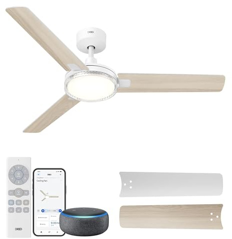 Dreo ventilador de techo inteligente 132 cm con luz, 12 velocidades（APP） y 3 modos, temperatura ajustable, LED regulable, temporizador 1–12 h, motor CC silencioso, app, Alexa e interruptor, blanco