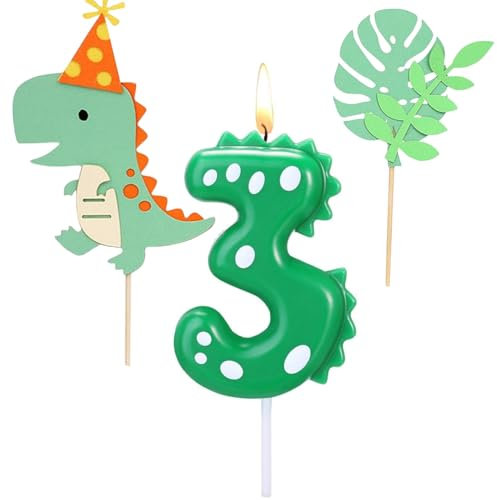 BOBOZHONG Velas de Cumpleaños de Dinosaurio,Vela de Número 3,con 2 Piezas de Dinosaurios Cake Topper,para Niños Niñas Niños Adultos Fiesta Temática Celebración Suministros