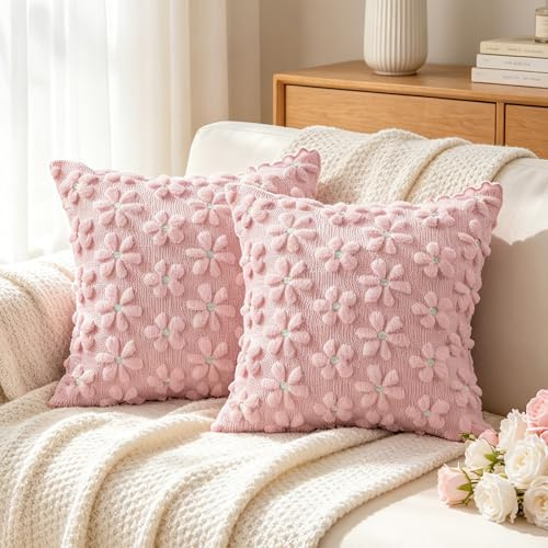 Sunshine smile Kissenbezug 40x40 cm,2er Set Kissenhülle Blumen,Wolle Blumens Kissenbezugs,Zierkissenbezug Dekokissen,Kissenbezug Kordsamt,Deko Kissen Wohnzimmer,Deko Kissen Blumen Sofa Sessel,Rosa