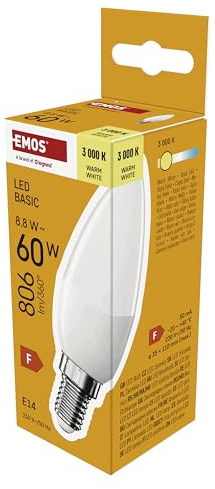 EMOS - LED-Lampe BASIC Kerze - E14 Sockel - Warmweiß - 806 lm - 8,8W (Ersatz für 60W Glühbirne) - Lebensdauer 20 000 Stunden - Abstrahlwinkel 180° - CRI min. 80