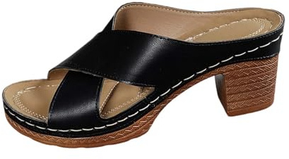 Sandales Cuir Femme Nu-Pied Confortable avec Talon Bloc Chaussures De Piscine Anti-Dérapant Respirantes Chaussons Bout Ouvert Bohême Claquette Femmes Mode Legere Compensées Premium