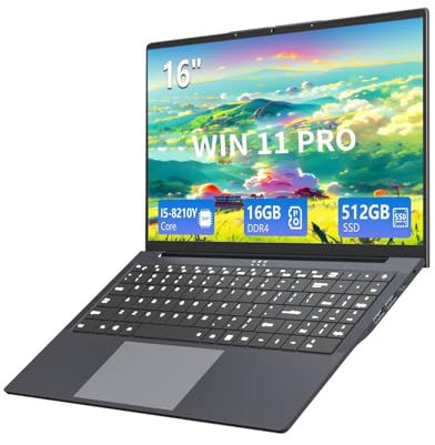rumlawn 16 Pouces Ordinateur Portable Core i5-8210Y Processeur, 16Go RAM 512Go SSD, FHD 1920 x 1200P Écran, Win 11 PC Portable Clavier Rétroéclairé, Webcam, RJ45, Wi-FI 5, USB 3.0, Mini-HDMI,Type-C