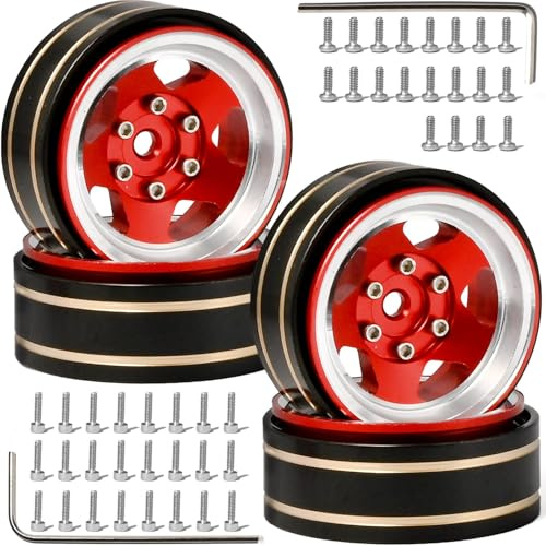 1.3 Beadlock Wheel Rim Aluminum Alloy Brass Negative Offset 1.3 Inches Wheel Hub Width 1.5cm OD 3.7cm Crawler Rims Fit for 1/18 1/24 TRX4M SCX24 FMS Ascent-18 RC Car Off Road Tire 4Pcs (Red)