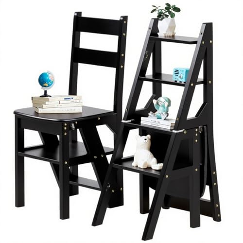 3-in-1 Klappleiter aus Massivholz, umwandelbarer Tritthocker & Präsentationsregal, 4-stöckige Multifunktionsleiter für Zuhause, Küche, Bibliothek, 150 kg Kapazität, Weiß, 35 x 46 cm