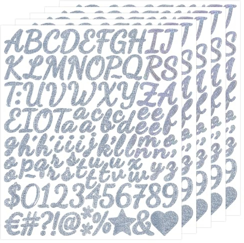 SHUNYINLAI 1 Inch Glitter Letter Sticker - Self Adhesive Alphabet Number Stickers for Christmas,Scrapbook & DIY - 5 Sheets Shimmering Silver