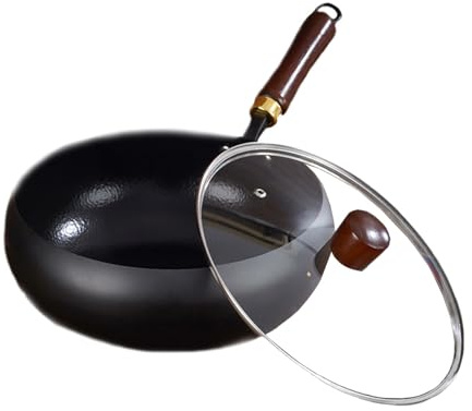 ZFFSCD Padella per Friggere, Padella Giapponese in Ferro, Padella in Ferro Non Rivestita per Cucinare, Cuocere al Forno, Friggere(Size:28cm,Color:Hammer Pattern Big Belly Pot + Glass Cover)