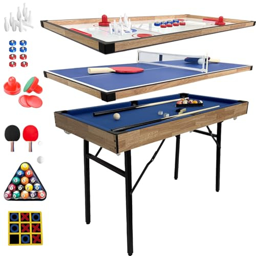Tavolo Multigioco, Gioco Multifunzione 4 in 1 Tavolo da biliardo pieghevole, biliardo, hockey, ping pong, bowling, shuffleboard e tris con tutti gli accessori(1.2m)
