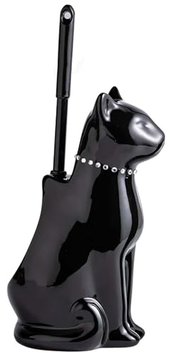 Cat Toilet Brush Holder, Ceramic Toilet Brush Holder, Whimsical Design Feline Pattern with Wide Mouth, Black Toilet Brush and Holder Set, Cute for Bathroom, Easy to Clean, Gift for Lovers