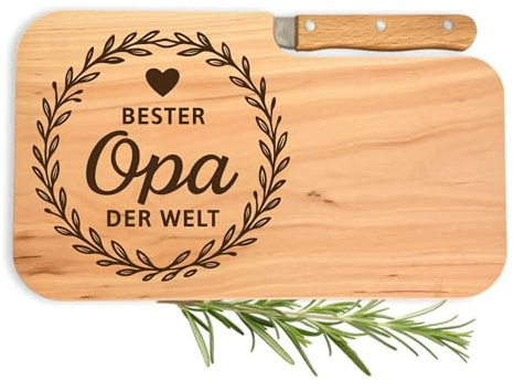 DwieDeko - Frühstücksbrettchen mit Messer und Gravur aus Holz, Geschenk für Opa