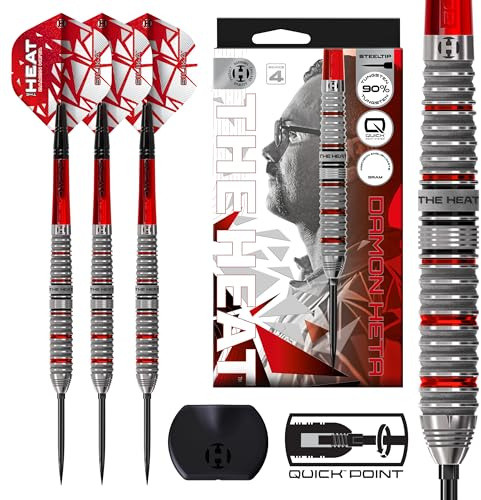 Harrows Damon Heta 90% Tungsten Darts Serie 4, Steeltip Darts Set mit Quick Point System, erhältlich in 21g, 23g, 24g & 25g mit Quick Point Tool, roten Alamo VS2 Shafts & Silika Flights