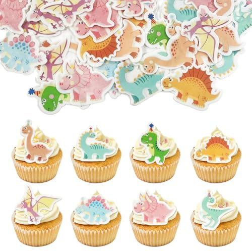 Tortendeko Dinosaurier Essbare 48 Stück Esspapier Dino Kuchen Deko | Dinosaur Cupcake Toppers Essbar Muffinförmchen für Baby Shower Kindergeburtstag Thema Party Dekoration