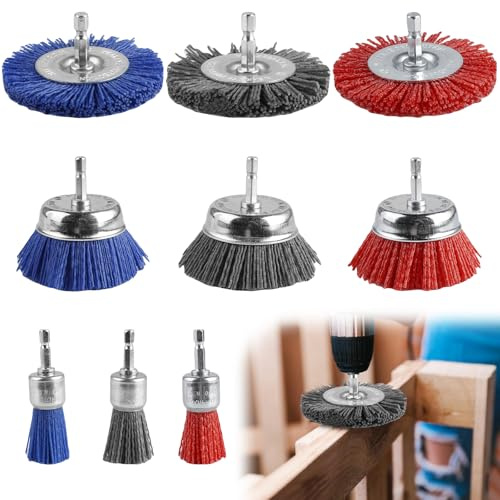 Lot de 9 brosses à pot en fil de nylon, 3 tailles, brosse avec tige hexagonale de 1/4, embout de ponçage en nylon pour nettoyer et enlever la rouille, la peinture et la corrosion