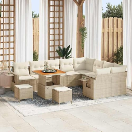 Hoopleep Garten-Sofa-Set mit Kissen, 12-teilig, Beige und Creme, Modulares Rattan-Sofa für Terrasse, mit Stauraumfunktion, UV-beständig