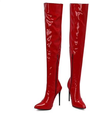 KUHAOFEU Stivali Alti a Punta in Pelle da Donna in Vernice Zippe Sexy Tacco a Spillo sopra Gli Stivali al Ginocchio,Rosso,43 EU