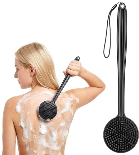 ElevateTech Back Scrubber for Shower Body Scrubber Double Sided Shower Brush Exfoliating Bath Accessories BackScrubber for Men Women with Lanyard Black Silicone