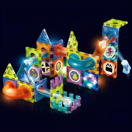 Magnetische Bausteine mit Kugelbahn 75 & 110 Teile, Magnetisches Konstruktionsspielzeug Kinder ab 3 Jahren, STEM Lernspielzeug für 2D & 3D Bauen, Murmelbahn Set, Kreatives Bauspielzeug (110)