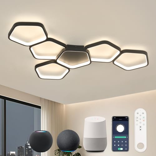 Kuwork Matter Smarte LED-Deckenleuchte, Sprachsteuerung Kompatibel mit Alexa, HomeKit&Google, 58W Dimmbar 3000K-6500K mit Fernbedienung, 90 cm Deckenlampe Schwarz für Wohnzimmer Schlafzimmer Küche