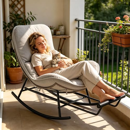 Fiutazge Schaukelstuhl Outdoor,Schaukelstuhl Mit Ausziehbare FußStüTze,Dicke Gepolsterter, HäNgesessel Mit Gestell,Schaukelsessel Wohnzimmer Für Veranda,Schlafzimmer,Garten,Beige