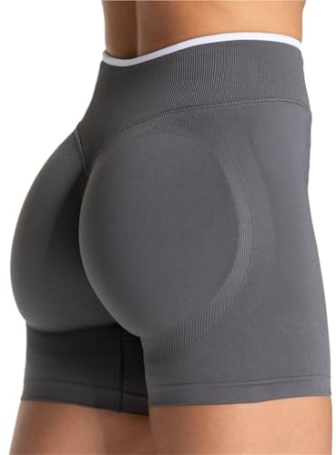 NFEKLFI Yogashorts för kvinnor, sömlösa, för gym, färgblock, sport, smal midja, elastiska, lyftande höftbyxor för löpning, Grey, L