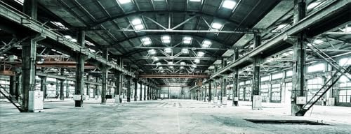 artissimo Bild aus Glas 80x30 cm Architektur AG4074A – Industriehalle Wandbild Industrial Urban Loft, Panorama Glasbild Querformat, moderne Wanddeko