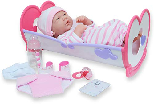 jc toys La Newborn Puppe für Neugeborene, 36 cm, aus weichem Vinyl, inklusive Wiege und 7 Zubehörteile, Rosa, entworfen in Spanien von Berenguer, ab 2 Jahren