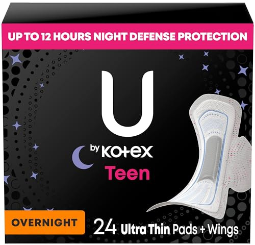 U by Kotex Ultradünne Damenbinden für Teenager mit Flügeln, Übernachtungsschutz, geruchlos, 24 Karat, 24 Stück