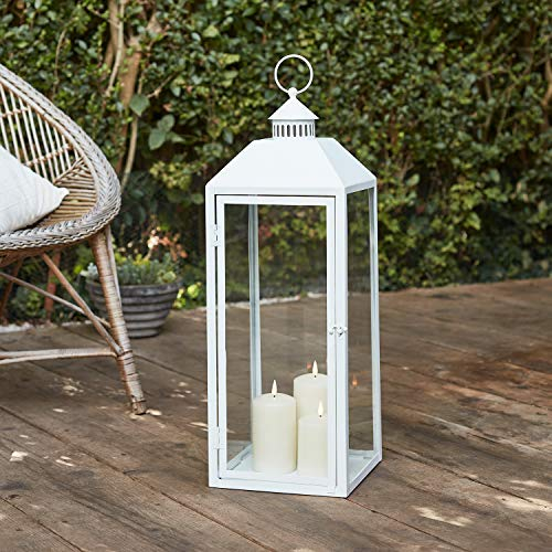 Lights4fun Lanterna Grande di 59 cm in Metallo Bianco con TruGlow® Candele LED Fiamma Tremolante a Pile con Timer per Interni ed Esterni Decorazione da Giardino con Telecomando