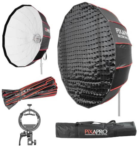Pixapro 105cm 3ft Speedlite Smart Bracket Rice Bowl Softbox With Grid Easy-Open 16 Rods Circular Parabolic Soft Box Round Diffuser Studio Photo KeyLight Photography AD200 AD300 AD100 (White)