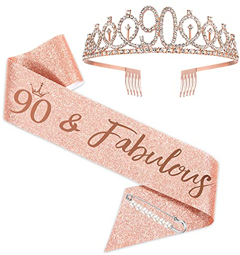 SZHUIHER Ensemble d'écharpe et diadème 90e anniversaire pour femme, or rose, 157,7 cm, diadème, épingle à perles, décoration de gâteau, tous les âges, ensemble d'accessoires d'anniversaire