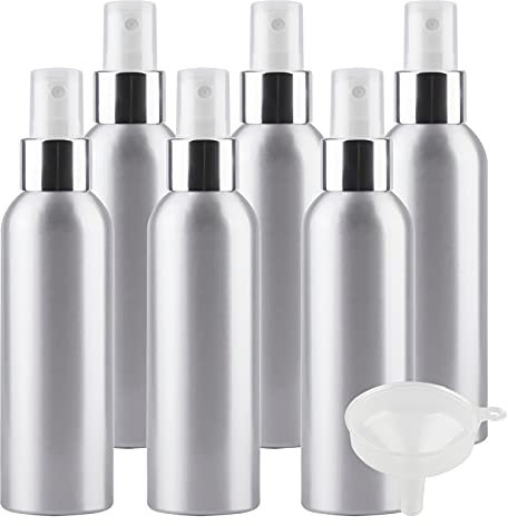 TIANZD 6 Piezas Pequeño 150 ml botella de spray pulverizador Botella de Aluminio Plata con Bomba en Blanco/Plata Niebla Fina Atomizador para Perfume Viaje Artículos de Agua Cosmético con Embudo