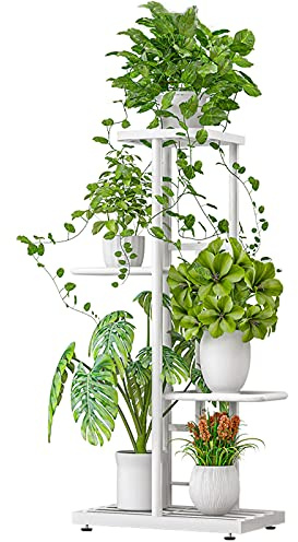 LINZINAR Soporte de metal para plantas de 4 niveles y 5 macetas para interiores y exteriores, color blanco