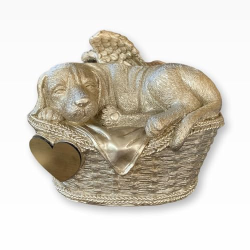 Monello Hundeurne Hund im Korb bis 16 kg – 1,2 Liter – personalisierbar mit individueller Gravur – Tierurne für Zuhause – Champagner