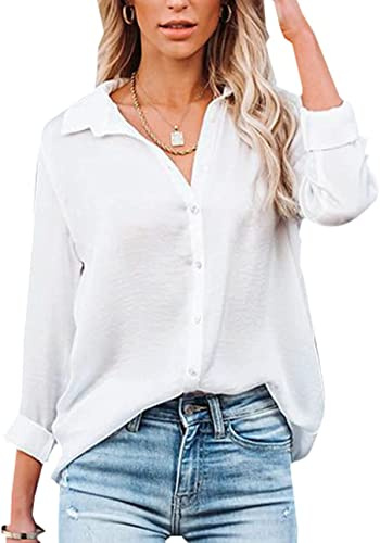 Womens Blouse Casual Long Sleeve Shirt Tops V Neck Button Down Shirts Basic Loose Tunic T Shirts (L , White)