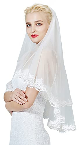 BEAUTELICATE Brautschleier Schleier Spitzenborte Für Braut Hochzeit Softtüll Weiß Ivory Lang Kurz Mit Metall Kamm 1 2 Schicht V71