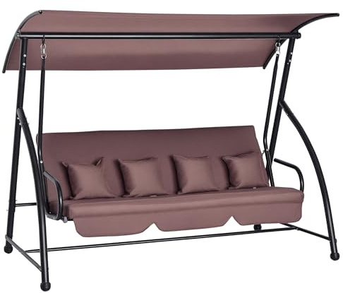 Outsunny Hollywoodschaukel Gartenschaukel Hängebank 3 sitzer Schaukel mit verstellbarem Dach Liegefunktion Polyester Braun 215 x 120 x 165 cm